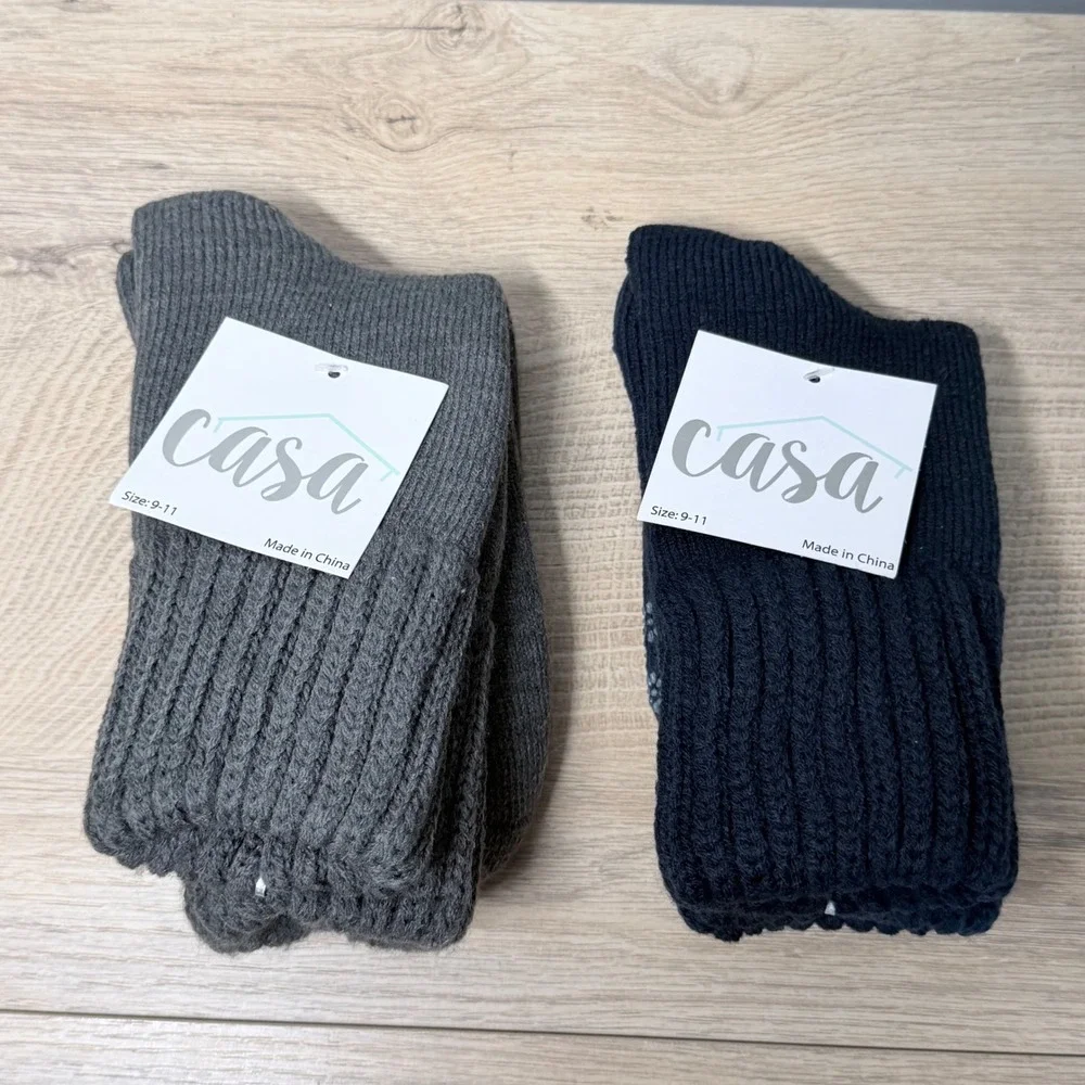 Casa Slipper Socks 9-11 Gray Navy Blue Knit Non-Slip Floral Grip 2 Pair New